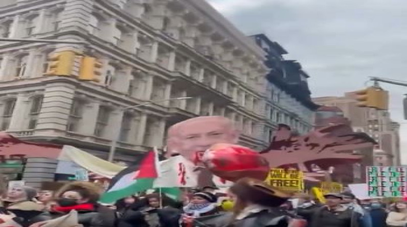 بالفيديو.. متظاهرون في نيويورك يطالبون اليمن بخطف السفن الإسرائيلية